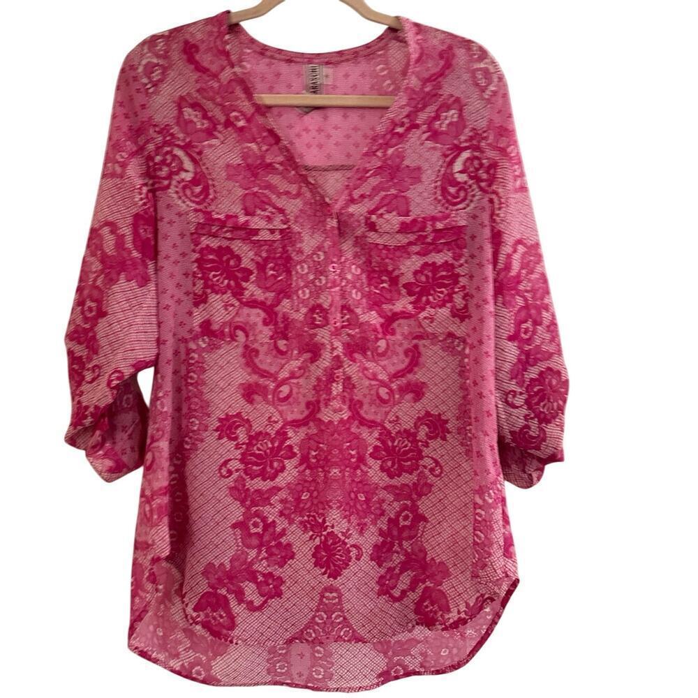 YOANA BARASCHI Fuschia Floral Blouse Tunic Long Tab-Sleeve Lace Print Sz Small